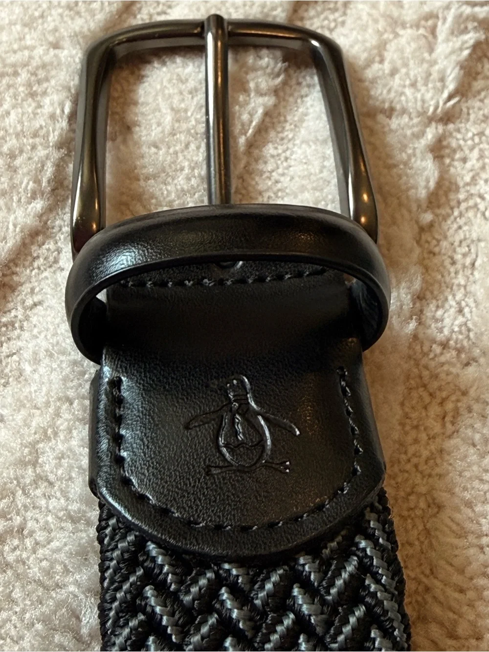 Original Penguin Black Braided Elastic Belt with Leather Trim